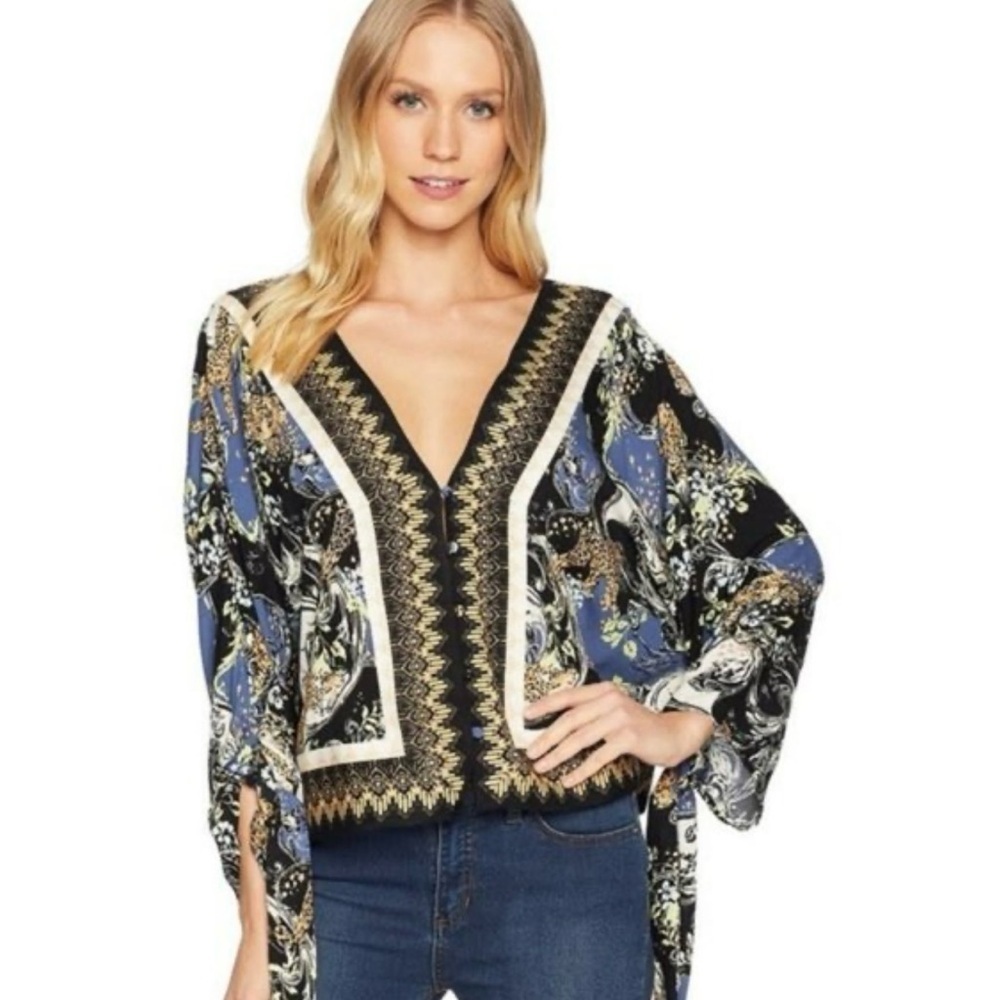 Free People Catch Me If You Can Tie Sleeve Blouse, Boho Cheetah Print, XS
